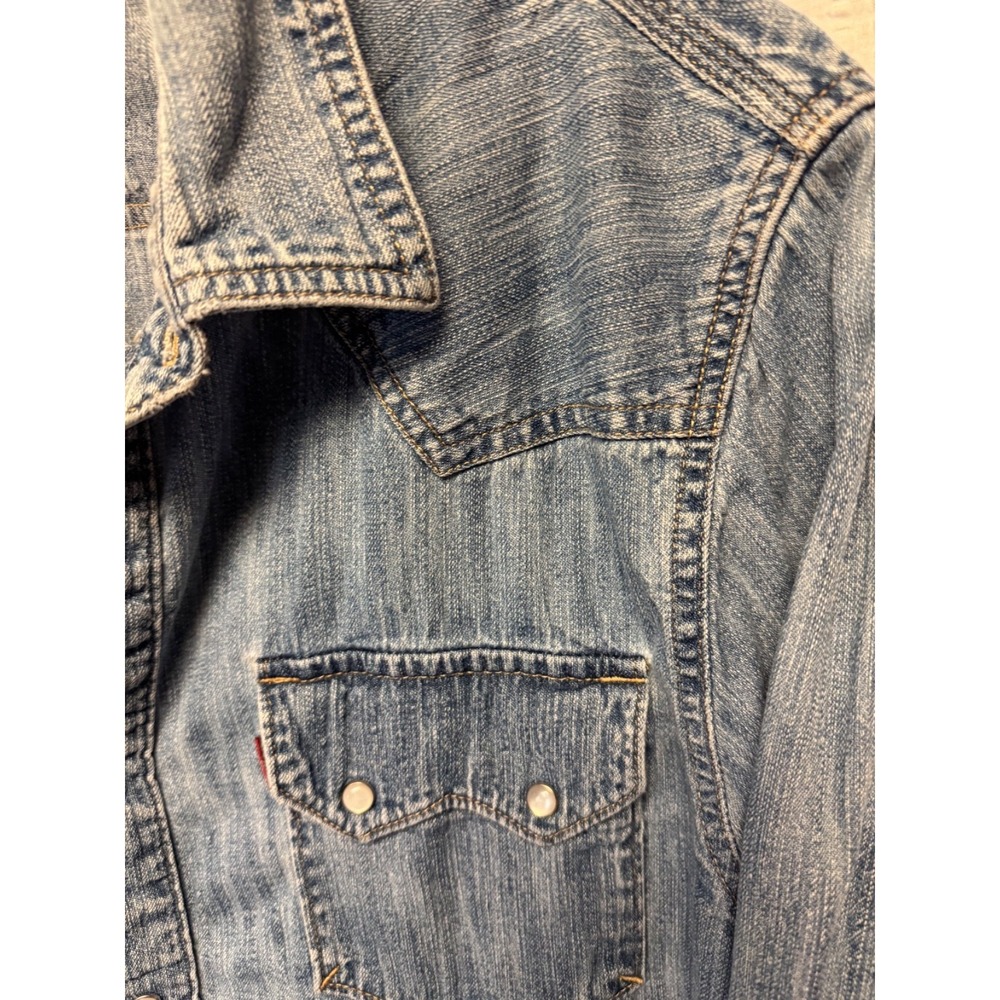Levis Pearl Snap Denim Long Sleeve Blue Shirt Mens Western Red Tab Sz L - Picture 9 of 16